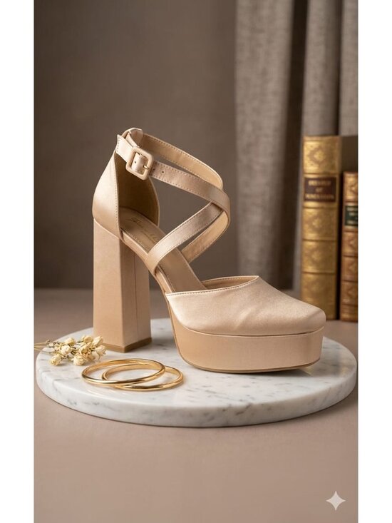 Shoes - Block Heel Satin Platform Shoes With Cross-Strap Design Elegant Champagne Evenin